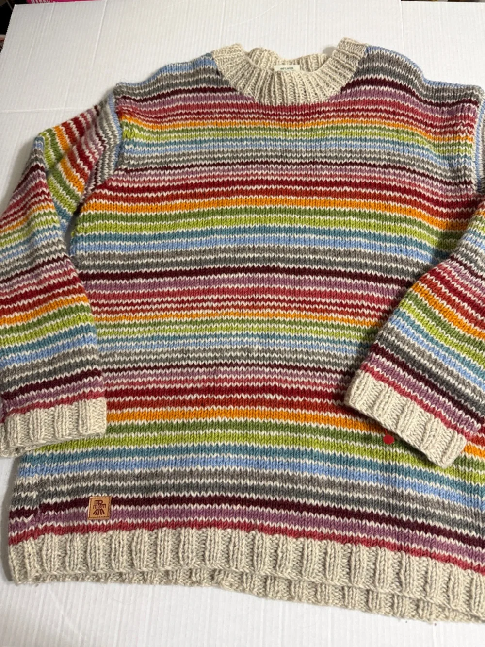 Pachamama Rainbow Stripe 100% Wool Chunky Knit Sweater | Colorful Boho Pride - Picture 5 of 5